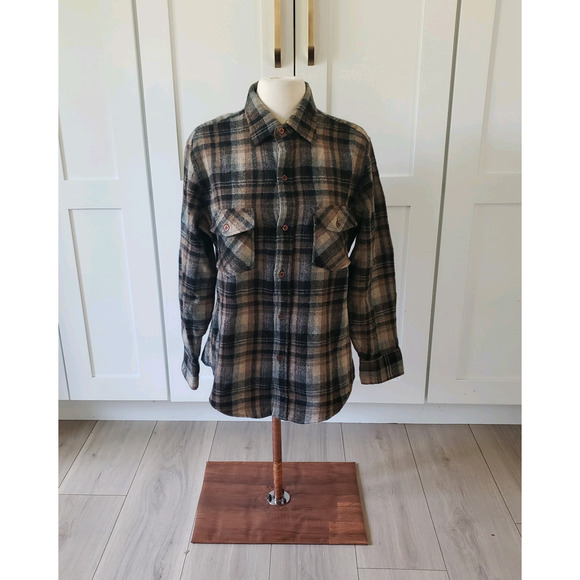 VTG Ponderosa Wool Shirt Mens S Brown Plaid Flannel Shacket Korea Barn 90s - Picture 1 of 5